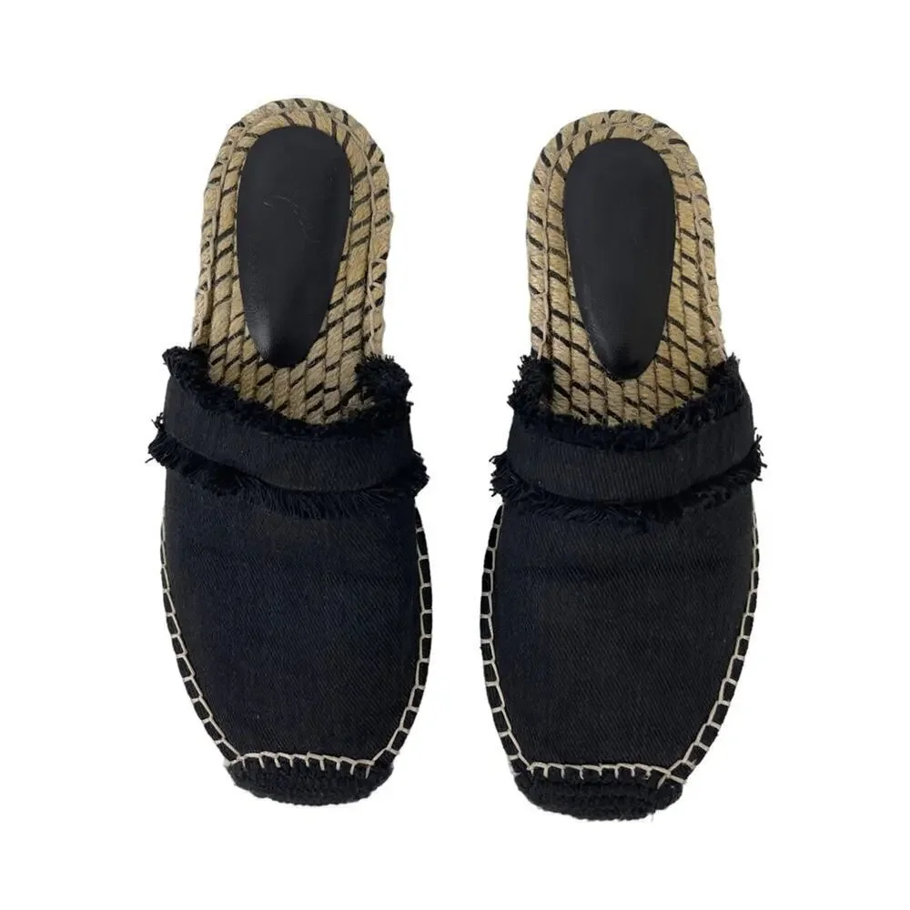 JOIE Black Cain Fringe Espadrille Mules Slides Shoes Size 39 US 9